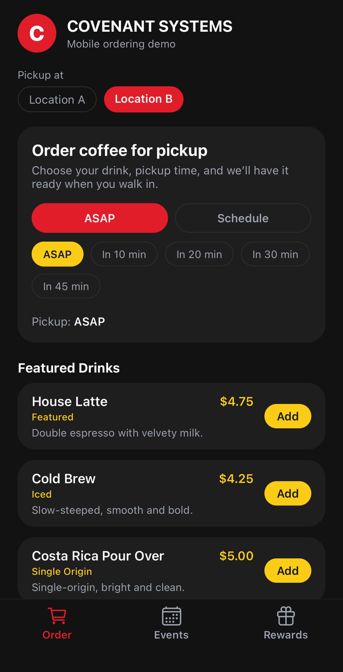 iOS app screen showing the main dashboard